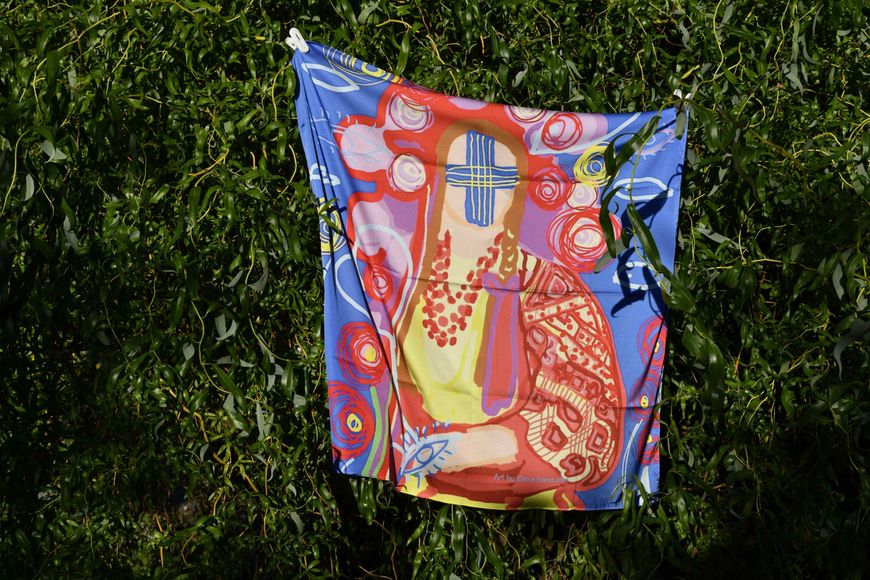 Women's silk scarf with author's print "Motanka" multicoloured 750x750 mm