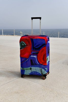 Art case for suitcase Knitwear “Microdiving” with original author's print L: 60-75 x 45-55 x 25-35 cm Blue and red mix