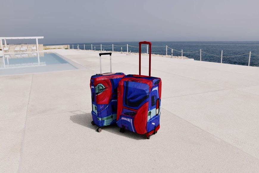 Art case for suitcase Knitwear “Microdiving” with original author's print L: 60-75 x 45-55 x 25-35 cm Blue and red mix