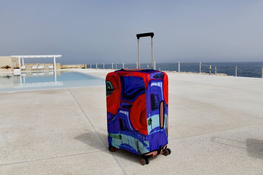 Art case for suitcase Knitwear “Microdiving” with original author's print L: 60-75 x 45-55 x 25-35 cm Blue and red mix